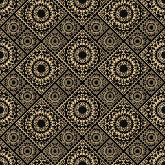 Islamic vector design. Seamless pattern oriental ornament. Black and golden textile print. Floral tiles.