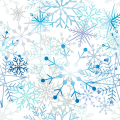 Celebrate freezing snowflakes background. Christmas print fabric wonderful wrapping surface pattern design. Blue snowflakes on light background.