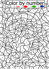 Color by number puzzle for kids. Smiling Santa Claus with gift bag coloring page illustration for preschool children. Winter holidays simple paper game.