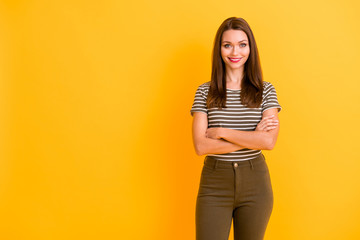 Portrait of pretty confident girl worker stand copyspace ready work cross hands wear good looking outfit isolated over yellow color background