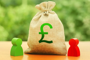 Money bag with money pound sterling GBP symbol and two people figures. Business Investment and...