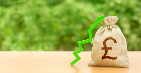 Money bag with pound sterling GBP symbol and green up arrow. Increase profits and wealth. Growth...