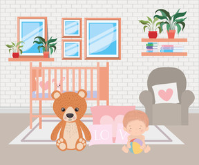 Cute baby boy and teddy bear vector design