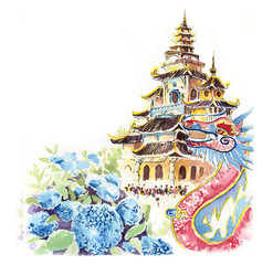 Watercolor hand painting with vietnamese temple  and dragon
