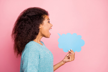 Side profile photo of cheerful positive cute pretty nice girlfriend expressing her opining through...