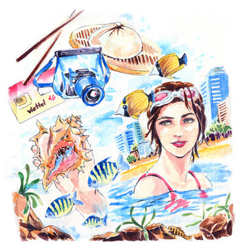 Girl and snorkel on the beach on vacation. Watercolor hand drawn.