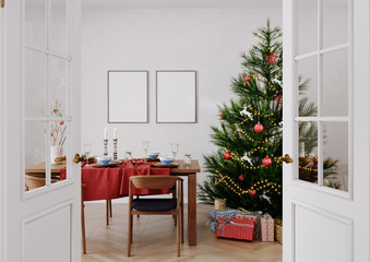 Christmas dining room with a Christmas tree and Christmas dinner table with Mock up posters. 3D illustration