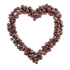 Brown roasted coffee beans isolated on white background. heart pattern .