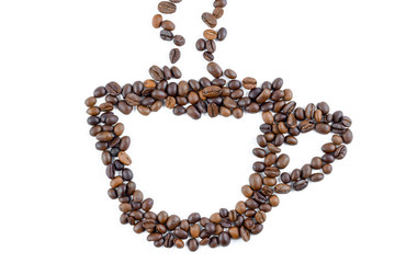 Brown roasted coffee beans isolated on white background. heart pattern , top view studio shot.