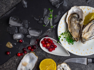 Oysters heart shape in plate with lemon, cranberries, microgreens, knife, shells on marble.