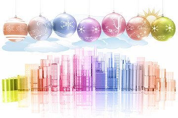 Decorazione di Natale con sullo sfondo skyline di città con palazzi e grattacieli..
