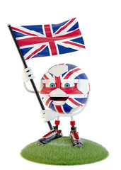 Obraz premium soccer ball character holding flag of great britain over white background