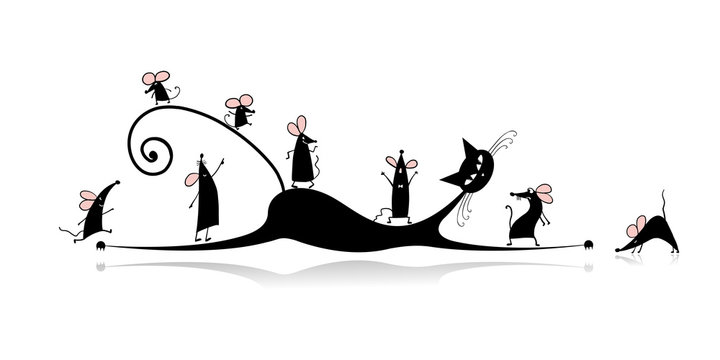 Funny mouse family with Mother cat, symbol of 2020 year. Banner for your design