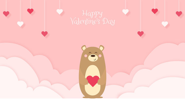 Happy Valentine's Day - Geschenkkarte, Süßer Bär hält Herz. Hintergrund in Papierschnitt, Wolken und Herzen hängen von der Decke Banner	