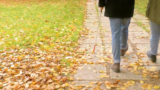 young disabled ma walking at the park on an autumn day with his girlfriend 