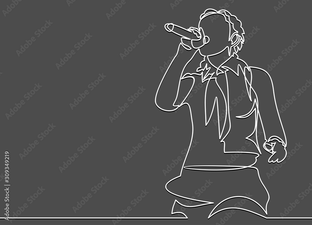 Poster singing woman with microphone in hands illustration. musical band vocalist.continuous line drawing - Posters