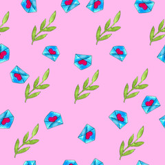 stylized letters pattern and pink heart on a colored background