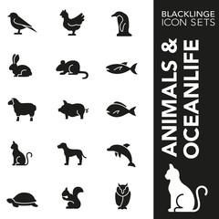 Naklejka premium High quality black and white icons of animals and oceanlife. Blacklinge are the best pictogram pack unique design for all dimensions and devices. Vector graphic, logo, symbol and website content.