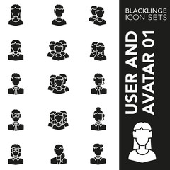 High quality black and white icons of user and avatar. Blacklinge are the best pictogram pack unique design for all dimensions and devices. Vector graphic, logo, symbol and website content.