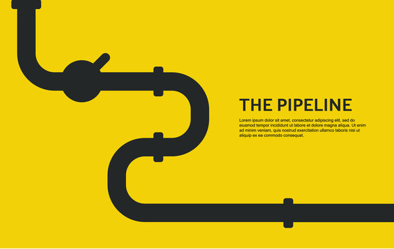 Web banner template. Industrial background with yellow pipeline. Oil, water or gas pipeline with fittings and valves. Vector illustration in a flat style.