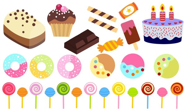 Set of isolated sweets, biscuit, cake, chocolate, ice cream logo vector