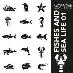 High quality black and white icons of fishes and sea life. Blacklinge are the best pictogram pack unique design for all dimensions and devices. Vector graphic, logo, symbol and website content.