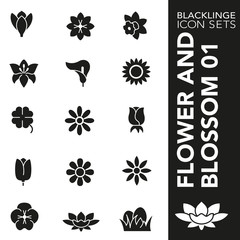 High quality black and white icons of flowers and blossom. Blacklinge are the best pictogram pack unique design for all dimensions and devices. Vector graphic, logo, symbol and website content.