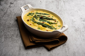 Dahi Bhindi or Okra in Yogurt Gravy, served in a bowl or karahi, selective focus