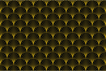 Palm leaf pattern on black background - art deco style - Abstract geometric vector pattern for textile, wrapping, product design. Vector illustration.