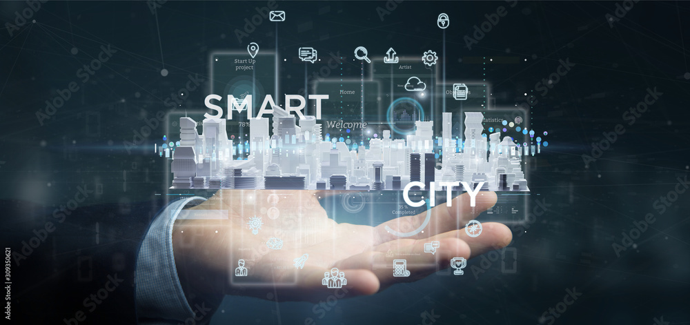 Aufkleber businessman holding smart city user interface with icon, stats and data 3d rendering