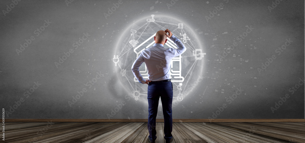 Poster businessman in front of a wall with smart home interface with icon, stats and data 3d rendering