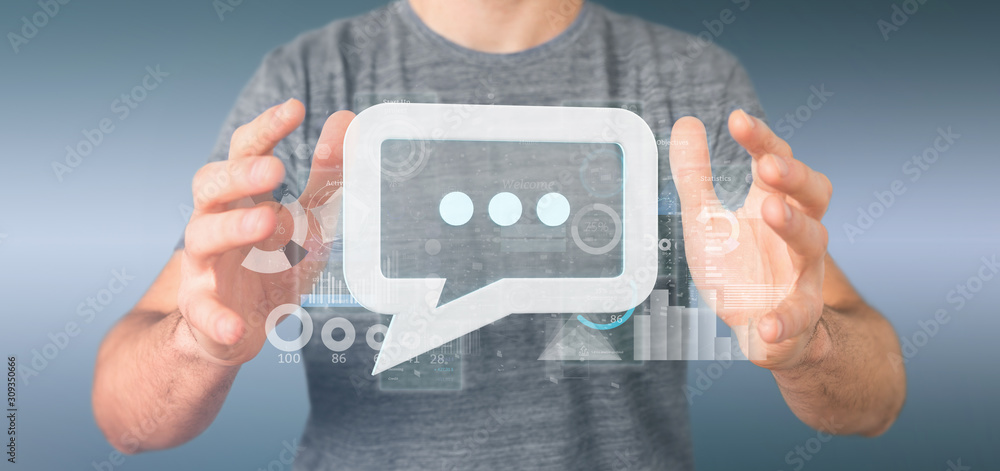 Poster view of a businessman holding a message icon with data in background - 3d rendering