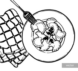 Dumplings, vareniki on a plate. Ink hand drawing. Food, vegetables and fruit isolated on white background. Book illustration, recipe, menu, magazine or journal article.