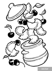 Dumplings, vareniki in a pot. baked, roast. Cherry jam. Ink hand drawing. Food, vegetables and fruit isolated on white background. Book illustration, recipe, menu, magazine or journal article.