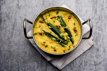 Dahi Bhindi or Okra in Yogurt Gravy, served in a bowl or karahi, selective focus