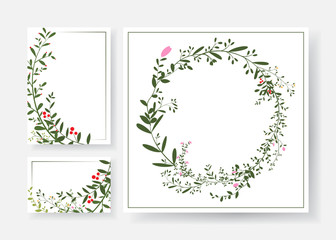 Invitation cards with floral and branches wreath