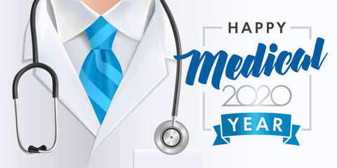 Happy new 2020 medical year! Elegant blue text and numbers on white doctor clothes background with stethoscope and blue necktie. Health care vector template