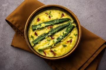 Dahi Bhindi or Okra in Yogurt Gravy, served in a bowl or karahi, selective focus
