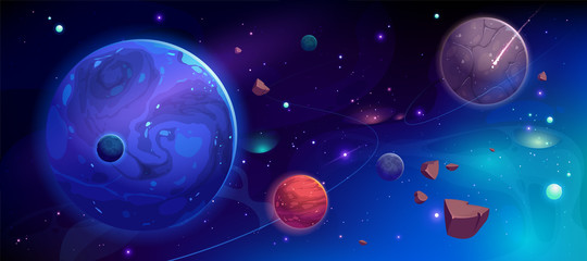 Planets in outer space with satellites, falling meteor and asteroids in dark starry sky. Galaxy, cosmos, universe futuristic fantasy view background for computer game. Cartoon vector illustration