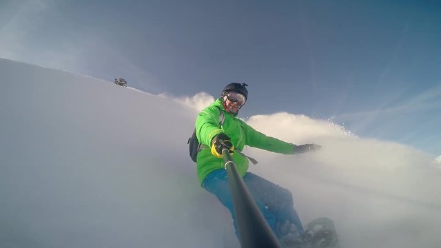 Snowboard selfie powder snow 