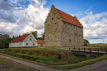 Fototapeta na wymiar Panoramic view to the old medieval castle Glimmingehus in the south of Sweden