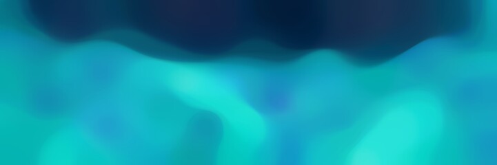 blurred bokeh horizontal background with light sea green, very dark blue and bright turquoise colors and free text space