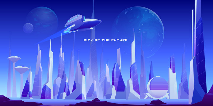 Urban Landscape Of Future City With Modern Buildings, Planets In Night Sky And Flying Spaceship. Vector Futuristic Cityscape With Skyscrapers And Rocket. Illustration Of Cyberpunk Town