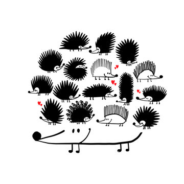 Funny Hedgehog Family, Black Silhouette For Your Design