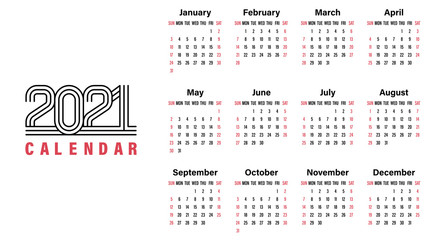 2021 Calendar template vector illustration simple design week starts on Sunday indicate weekends with red