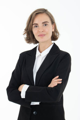 Portrait of confident business woman on white isolated background.