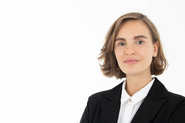 Portrait of young business woman on white isolated background.