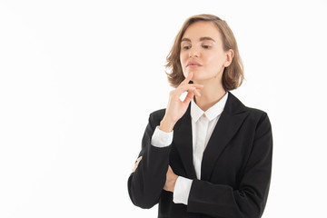 Portrait of confident business woman on white isolated background.