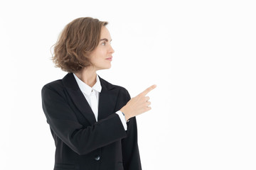Obraz premium Portrait of young business woman pointing up to the right side, isolated on white background