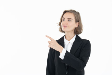 Obraz premium Portrait of young business woman pointing up to the right side, isolated on white background